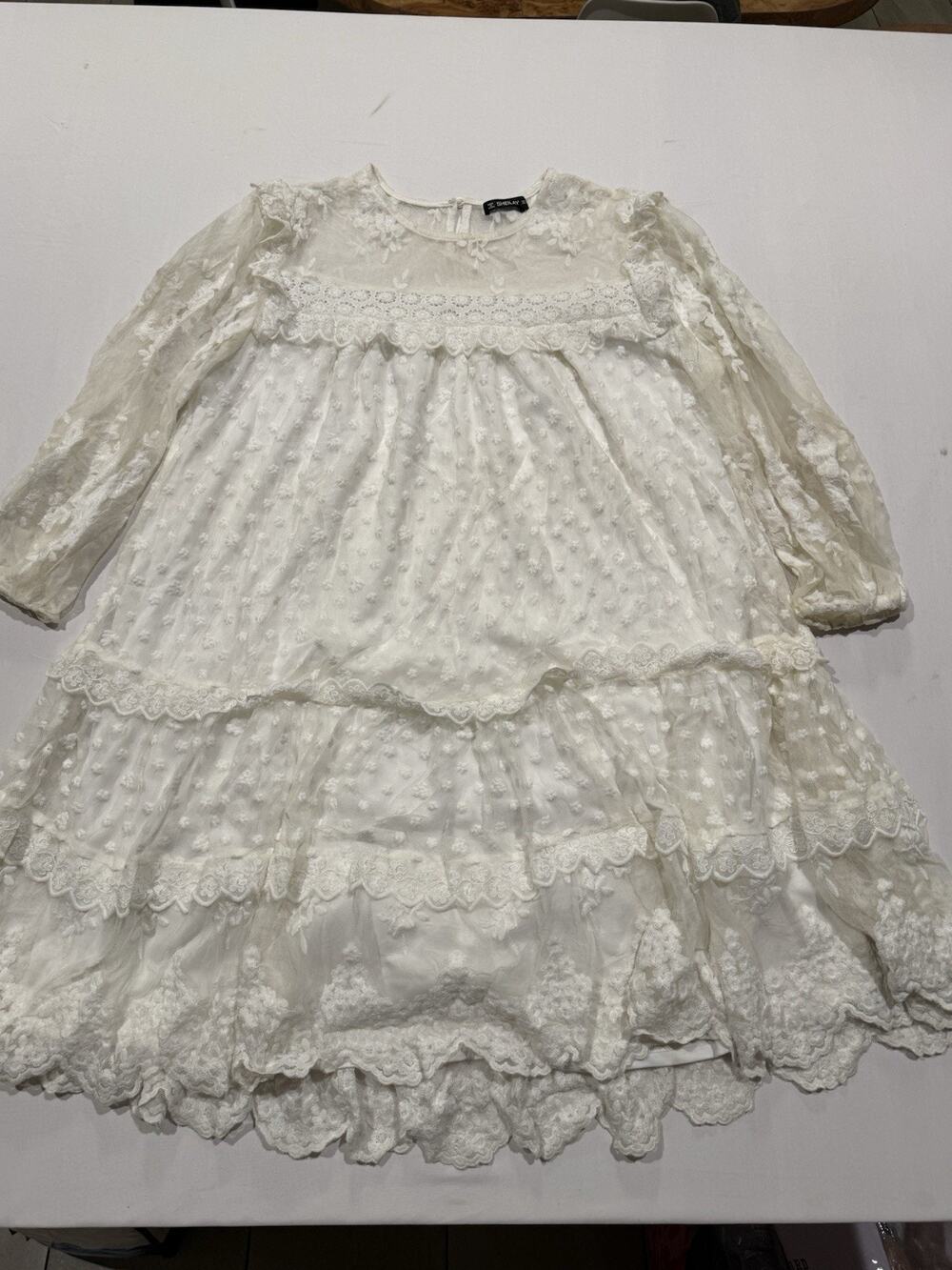 Sheilay XL White Lace Embroidered Tiered Dress Boho Cottagecore Long Sleeve